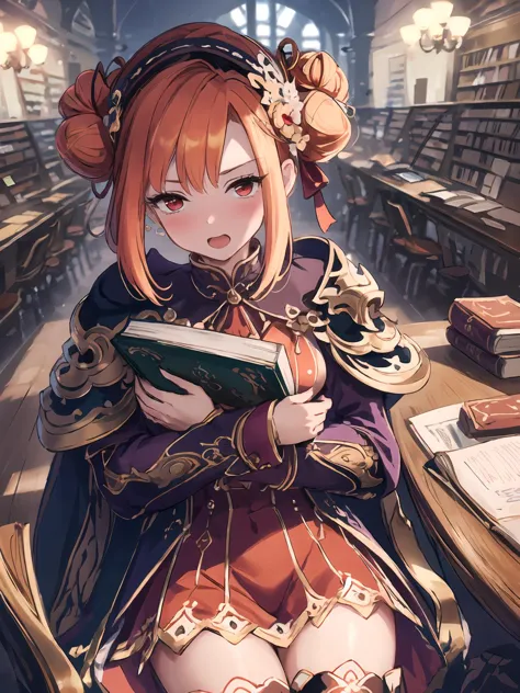 a woman sitting in a library reading a book