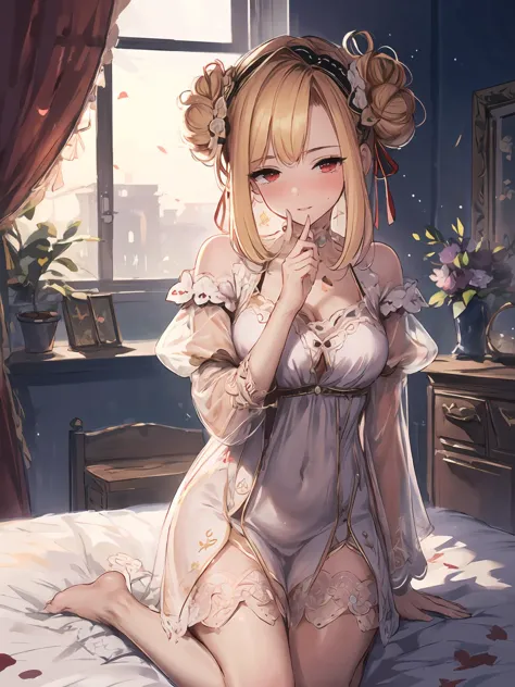 anime girl in lingerie sitting on bed with flowers in her hair