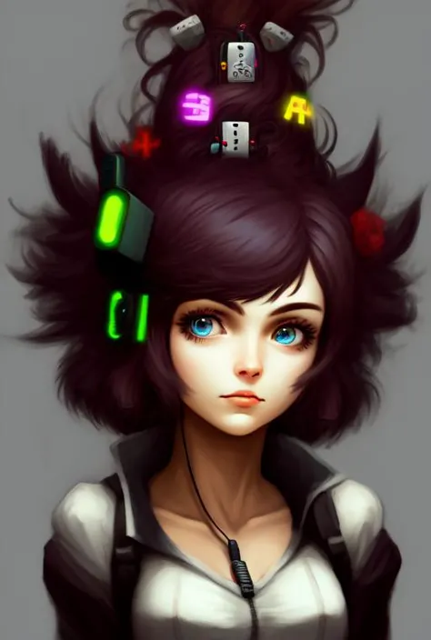 a drawing of a woman with a head full of electronic devices