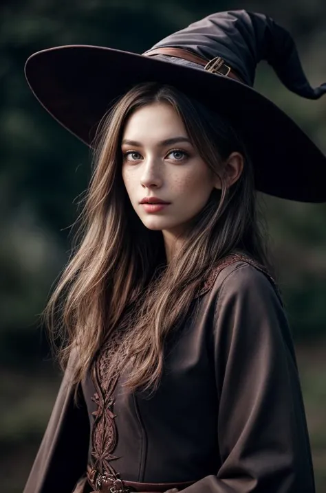 a woman in a witch costume and hat posing for a photo