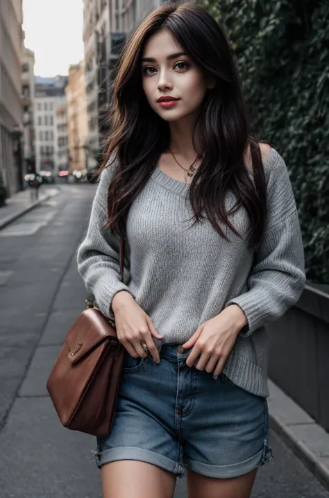 a woman in a gray sweater and denim shorts is walking down the street