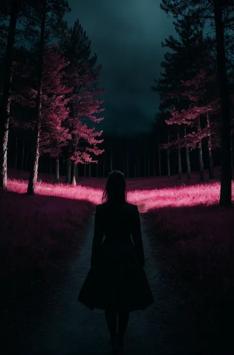 a woman walking down a path in the middle of a forest