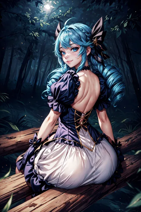 a woman with blue hair sitting on a log in the woods