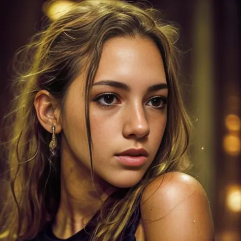 a close up of a woman with long hair and earrings