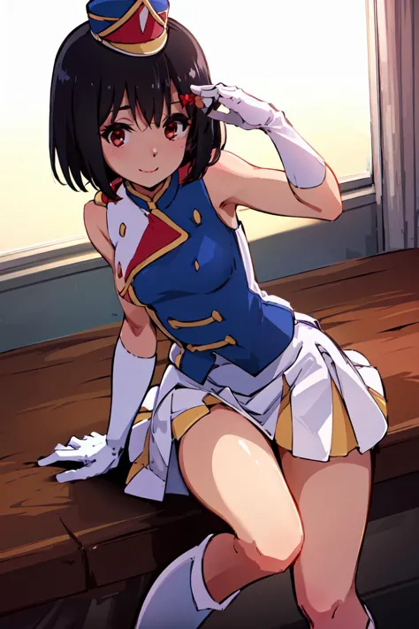 anime girl in uniform posing on a bench with her hands on her head