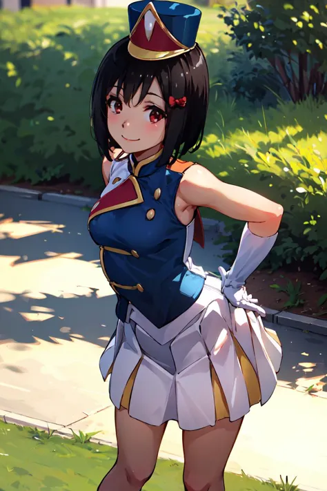 anime girl in uniform posing for a picture in a park