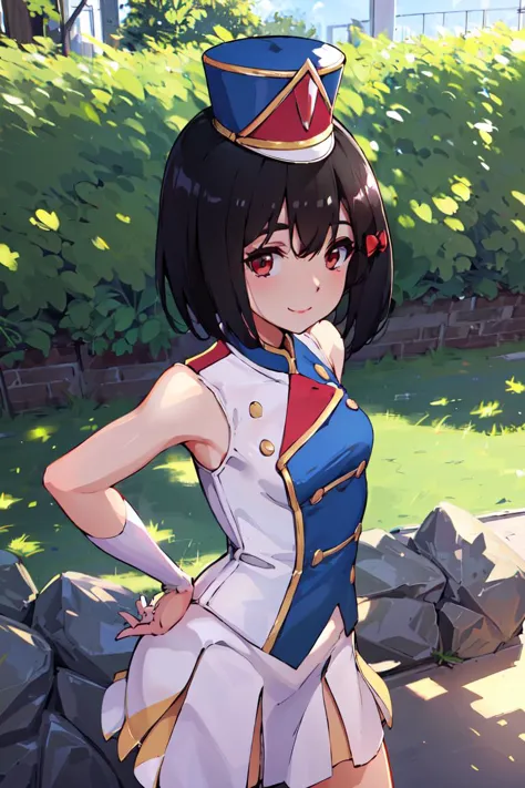 anime girl in uniform posing in front of a rock wall