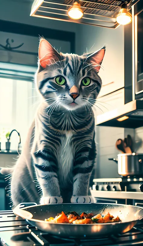 close-up photography of (grey tabby cat:1.2), cooking fish, (c4ttitude:1.3), in glasstech kitchen, hyper realistic, intricate de...