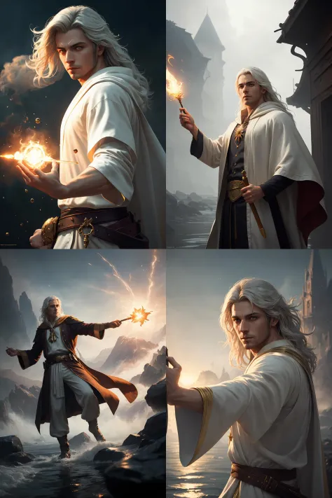 photorealistic photo of a handsome young male wizard, white wizard shirt with golden trim, white robe moving in the wind, long white hair, fully clothed, perfect face, handsome, (perfect composition:1.4), deviantart hd, artstation hd, concept art, detailed face and body, award-winning photography, margins, detailed face, detailed hands, ,backlight, 12k ultrarealistic, ray tracing, intense gaze, looking at the viewer, cinematic lighting, art by Grzegorz Rutkowski, embers, high fantasy background, action pose, hands up to 90 degrees, holding a small magic wand, water splash, misty