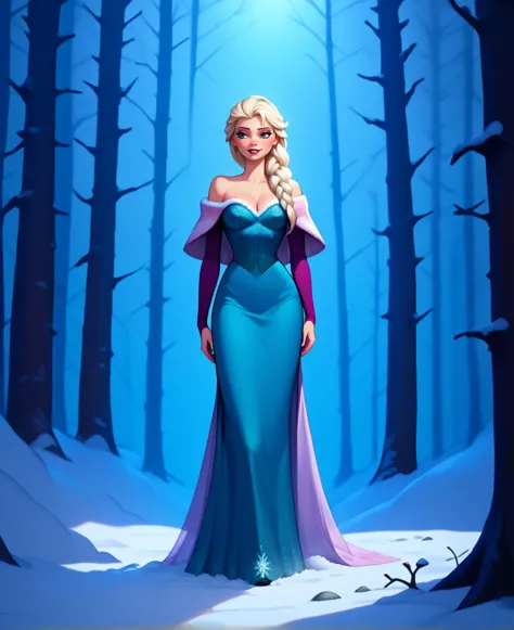 a woman in a blue dress standing in a snowy forest