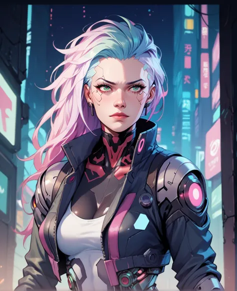 a woman with pink hair and a black jacket standing in front of a city