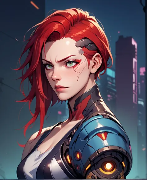 a woman with red hair and a futuristic outfit stands in front of a city