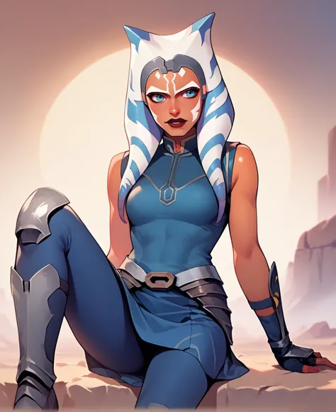 score_9, score_8_up, score_7_up, score_6_up, source_cartoon, girl , desert <lora:detailed_hands:0.8>   <lora:AhsokaS7PDXL_V1-Manityro-adamw:1> AhsS7, grey headband || Outfit1, blue shirt, sleeveless, vambraces, fingerless gloves, hip armor, blue skirt, blue leggings, knee boots