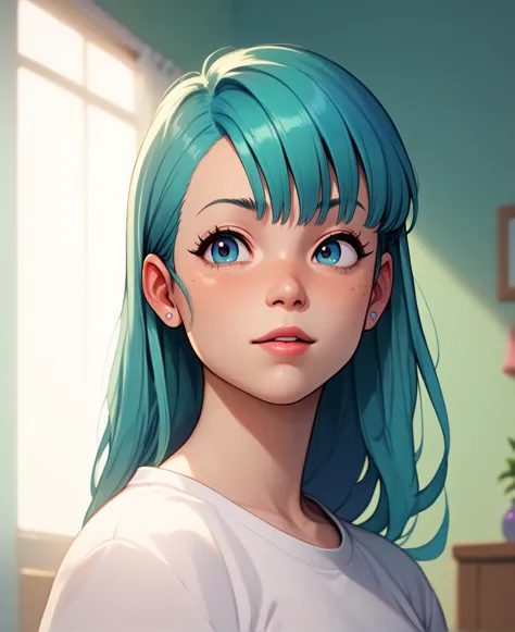 anime girl with blue hair and blue eyes staring at the camera