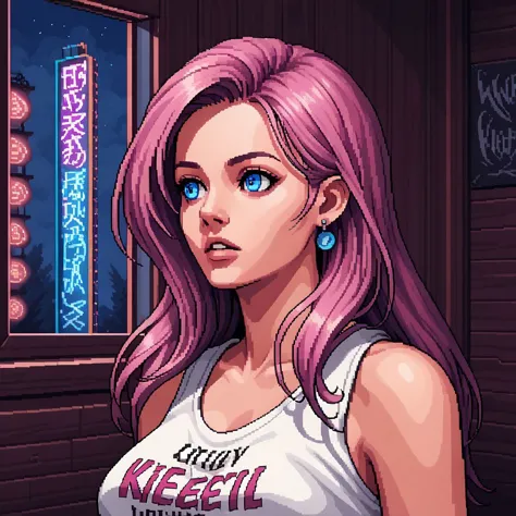 rpxdlzz, Transgender Female, Kitch, blue eyes, solo, voluptuous, long hair, large breasts, shirt, jewelry, upper body, earrings, parted lips, indoors, window, night, tank top, clothes writing, neon lights, specular highlights, detailed face, detailed eyes, upper body, portrait, pixelization, pixel art, 16bit, retro, pixelized, video game, game art, PIXELS