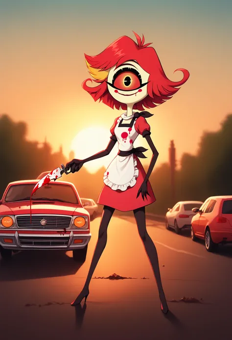 niffty, cyclops, white apron, paint splatter, maid, pink skirt, black pantyhose, black elbow gloves, holding a bloody knife, standing on a chevy truck, ground vehicle, looking at viewer, depth of field, sidelighting, sunset, outdoors, BREAK PonyXLV6_Scores , <lora:hazbin_hotel_ponyxl_v2:1>