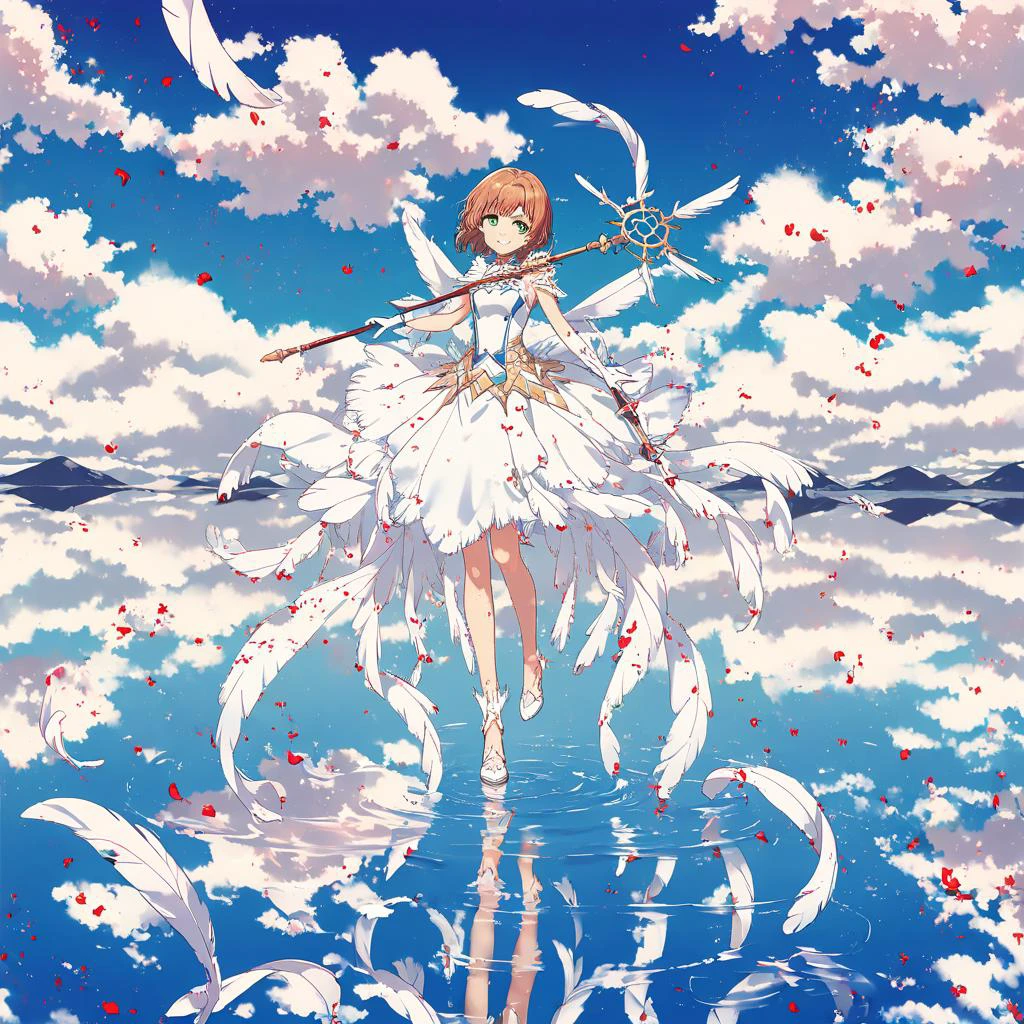 1girl, blue sky, brown hair, cherry blossoms, cloud, cloudy sky, day, dress, feathered wings, gloves, green eyes, holding, horizon, kinomoto sakura, mountain, ocean, outdoors, petals, reflection, ripples, short hair, sky, sleeveless, smile, standing on liquid, star \(sky\), sun, wand, white feathers, white footwear, white gloves, white wings, wings, 