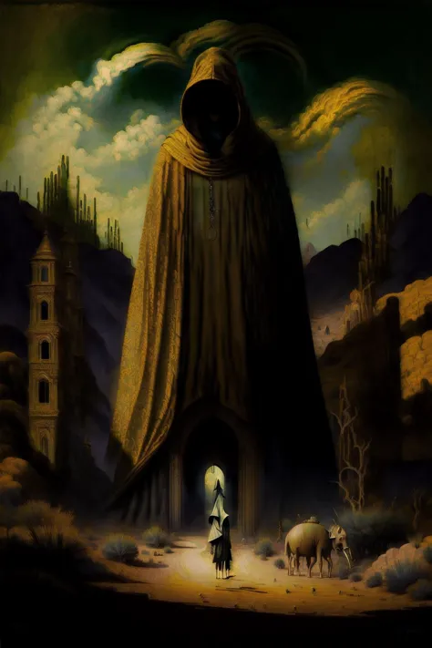 ((high quality, masterpiece:1.4)), hooded figure in robes and gas mask crossing the desert with a large creature that looks like...