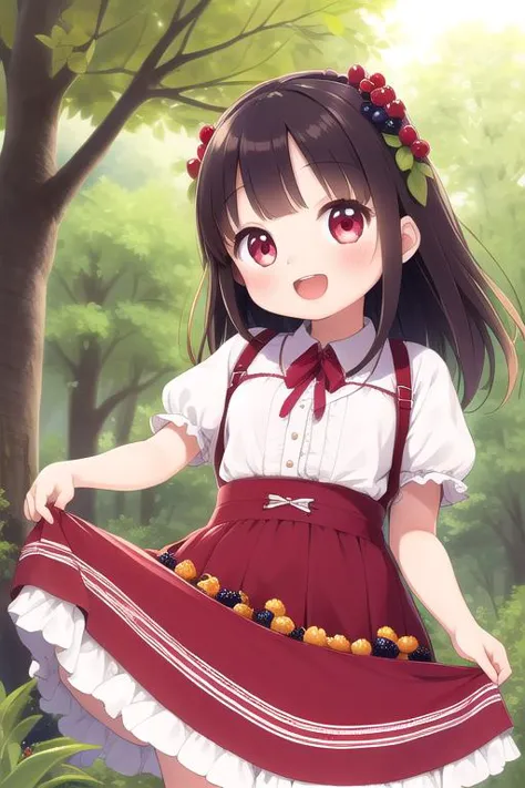 anime girl in a red dress holding a basket of fruit