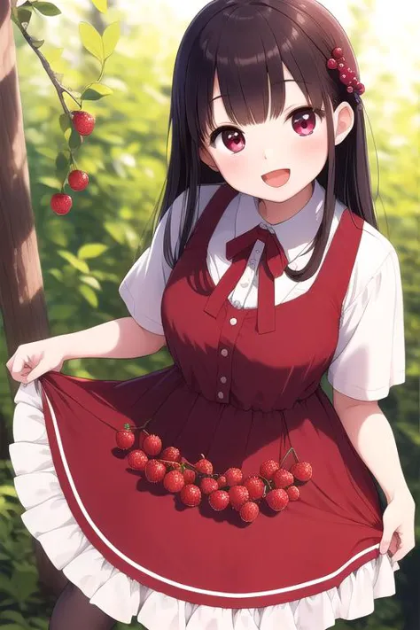 anime girl in a red dress holding a cherry in her hand