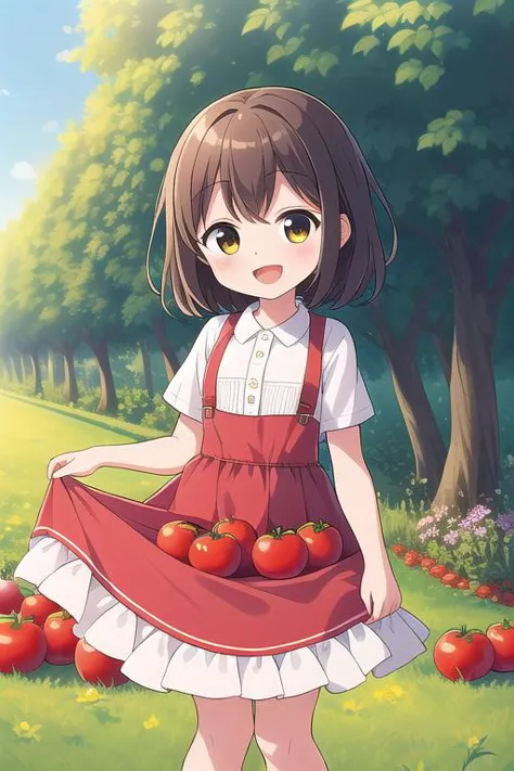 a girl in a red dress holding a basket of tomatoes