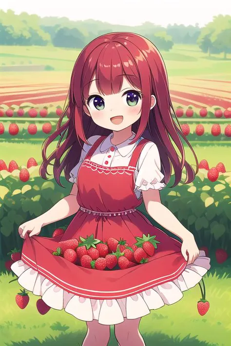 a girl in a red dress holding a basket of strawberries