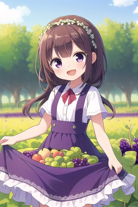 a girl in a purple dress holding a basket of fruit