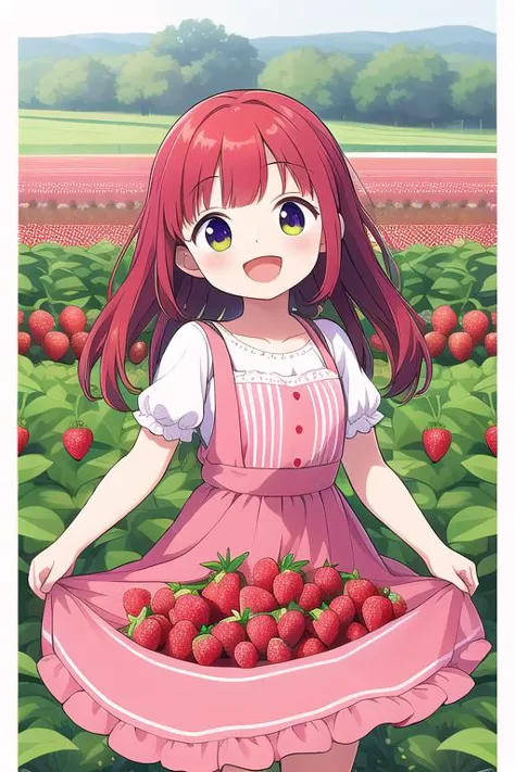 a girl in a pink dress holding a basket of strawberries