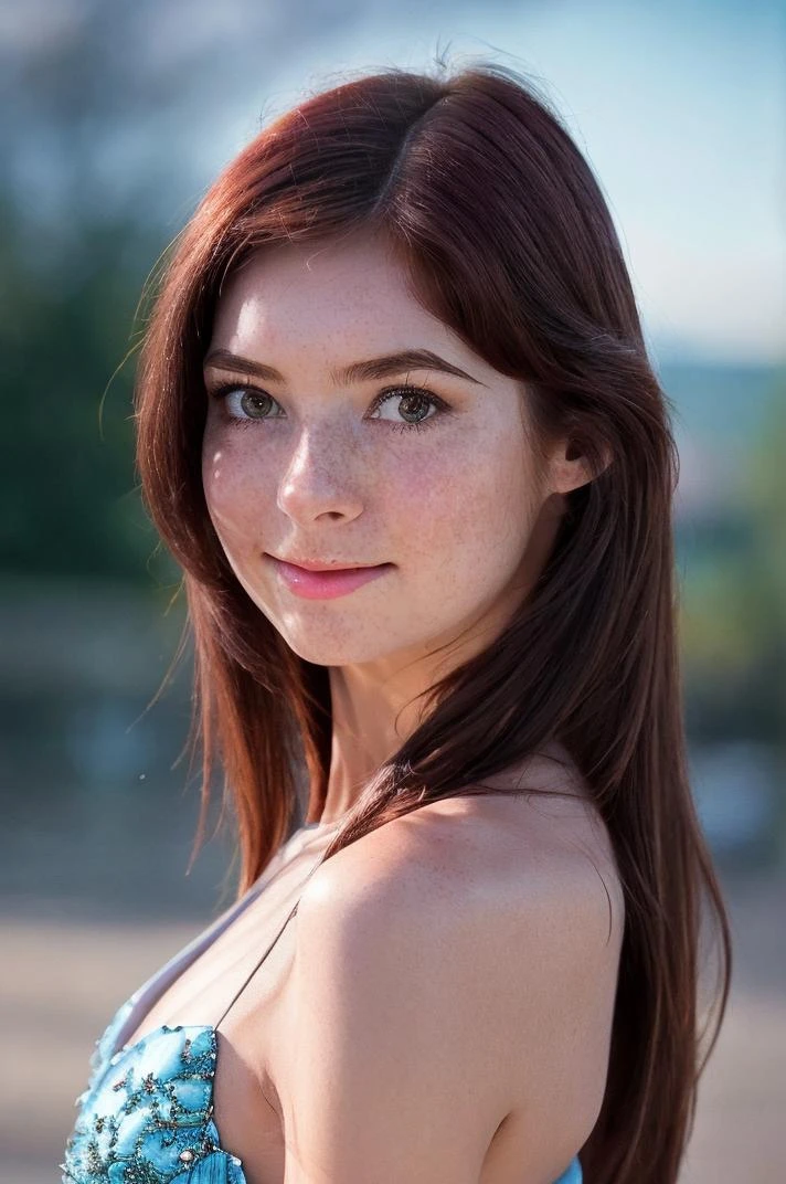 A Close Up Of A Woman With Long Hair Wearing A Blue Dress Seaart Ai