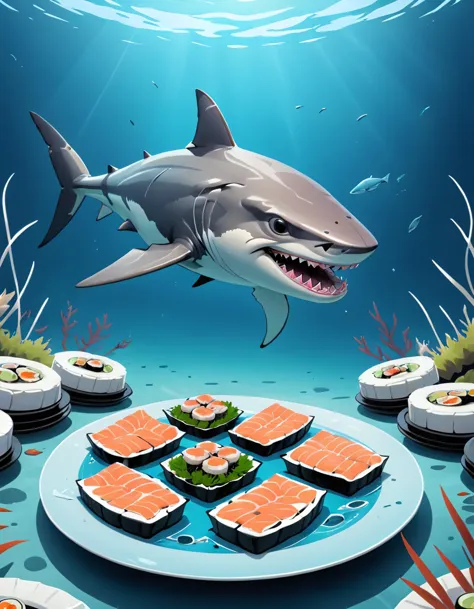 illustration of a shark eating sushi on a plate in the ocean