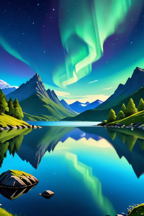 A mythical lake hidden in the mountains of Ireland, reflecting the stars and northern lights in its crystal-clear waters, under a clear night sky., illustration, 3d, cartoon,
high resolution, high quality, detailed, masterpiece, hdr, sharp,
[Renaissance style],[ basety style], 
BREAK
score_9, score_8_up, score_7_up, score_6_up , amazing, beautiful, breathtaking, astonishing, brilliant, incredible,