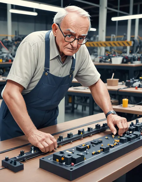 an old frustated man is working on an assembly line, 4k, uhd, masterpiece