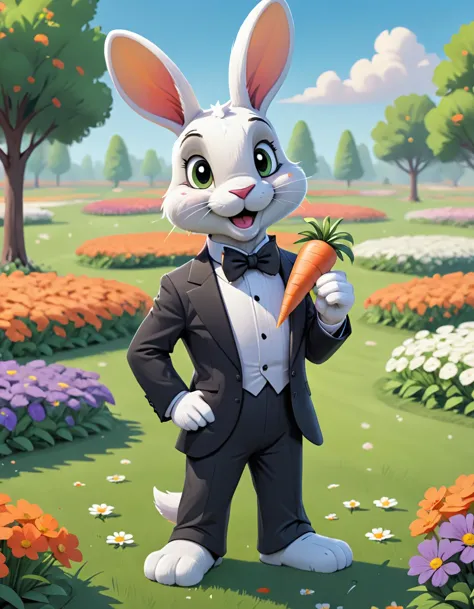 cartoon rabbit in tuxedo holding a carrot in a field