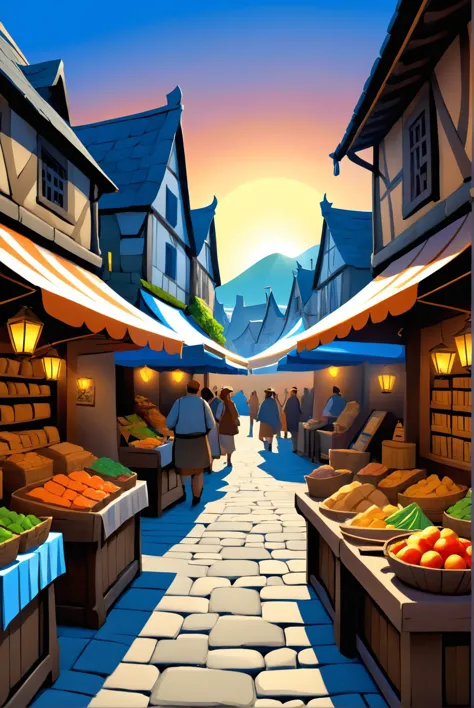 a cartoon illustration of a street with a market with fruits and vegetables