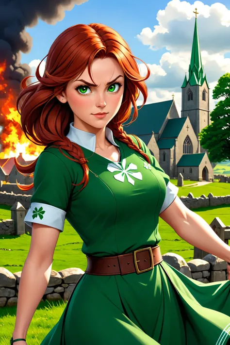 Irish woman with traditional green dress and red hair, closeup,
realistic, real life,
high resolution, high quality, detailed, masterpiece, hdr, sharp,
Irish village at background, church, shamrock, fire, battle scene,
[Anime and Manga style],[ abbe bi style], 
(CELTIC CROSS, ST. BRIGID CROSS, CELTIC KNOT:0.8),
BREAK
score_9, score_8_up, score_7_up, score_6_up , amazing, beautiful, breathtaking, astonishing, brilliant, incredible,