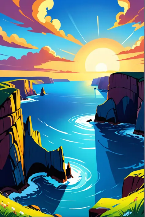 A panoramic view of the Wild Atlantic Way, with cliffs, sea, and sky merging in a breathtaking landscape, illuminated by the golden hour light., illustration, 3d, cartoon,
high resolution, high quality, detailed, masterpiece, hdr, sharp,
[Fauvism style],[ basety style], 
BREAK
score_9, score_8_up, score_7_up, score_6_up , amazing, beautiful, breathtaking, astonishing, brilliant, incredible,