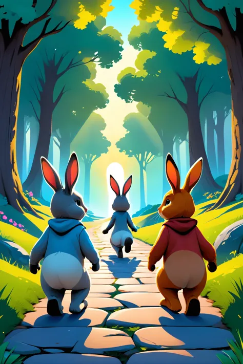 a cartoon rabbit and bunny are walking down a path in the woods