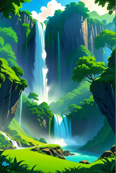 A cascading waterfall hidden in a lush, green valley, with rainbows appearing in the mist, under the clear light of a summer day., illustration, 3d, cartoon,
high resolution, high quality, detailed, masterpiece, hdr, sharp,
[Tim Burton style],[ basety style], 
BREAK
score_9, score_8_up, score_7_up, score_6_up , amazing, beautiful, breathtaking, astonishing, brilliant, incredible,