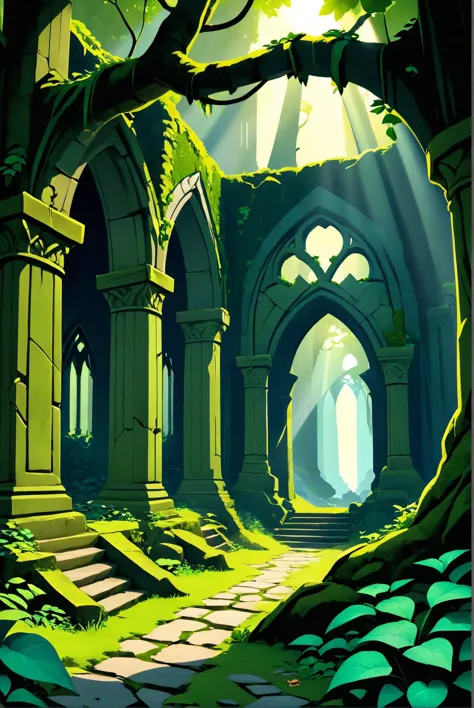 a cartoon style illustration of a stone archway in a forest