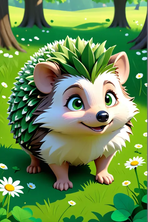 hedgehog in the forest with flowers and grass on the ground