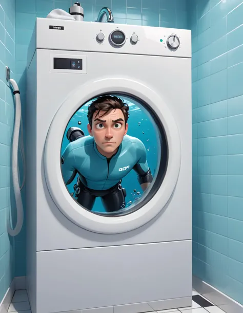 a diver is looking out of a washing machine in a bathroom, 4k, uhd, masterpiece