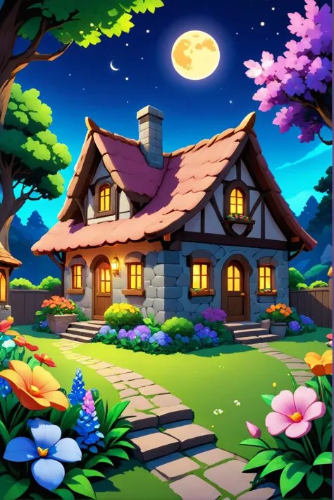 a cartoon house in the middle of a garden with flowers