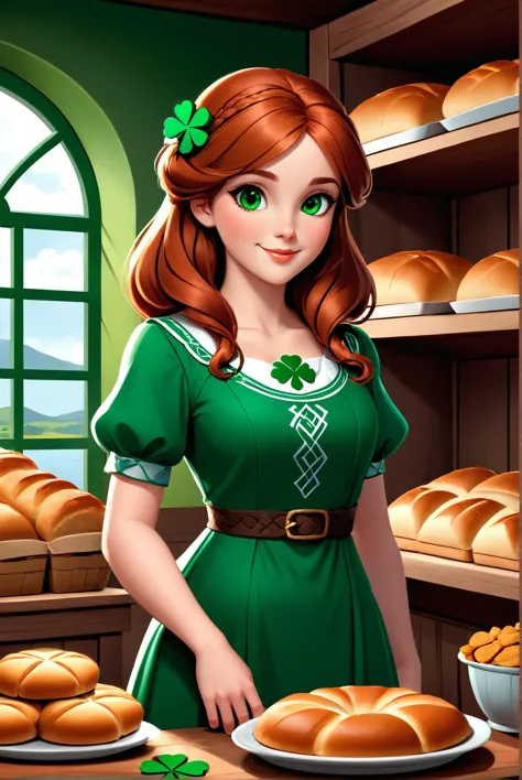 a woman in a green dress standing in front of a shelf of bread