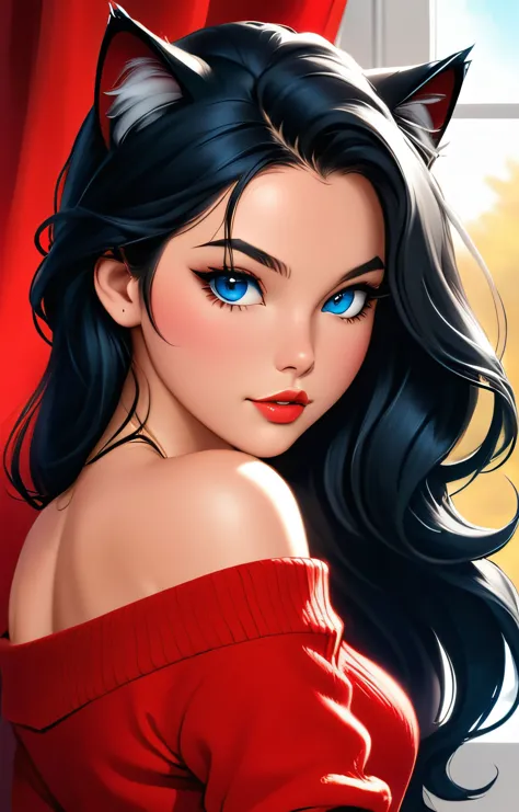 character concept art of a beautiful woman leaning over, red sweater falling off her shoulder, extremely sexy, seductive, long hair, luscious lips, style of Arthur Adams, cat ears, realistic, 24 years old, black hair, blue eyes, long flowing hair, nsfw, thighs