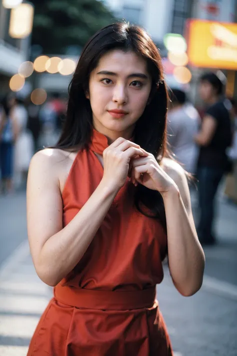 Best quality, masterpiece, ultra high res, (photorealistic), raw photo,1girl, skinny, upper body,solo, realistic, looking at viewer, long hair, bokeh background, city streets,chinese dress,   <lora:makina69_joeywong_v1.0:1>