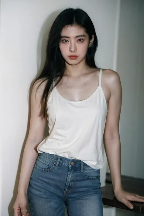 a woman in white top and jeans posing for a picture