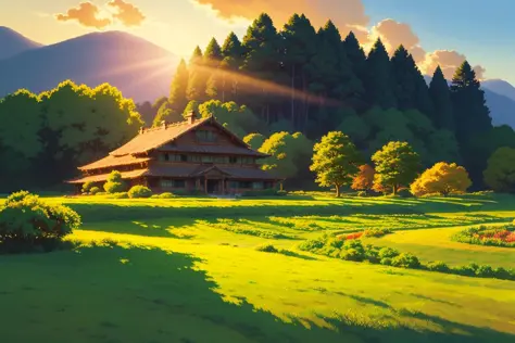 masterpiece,best quality,landscape,ghibli Style,big house,trees,grass,shadow, light,sunset, cloud
 <lora:Ghibli_v4:1>