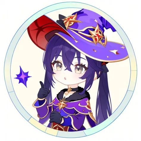<lora:Ath_circle-frame:1>,circle-frame, 1girl, mona \(genshin impact\), hat, solo, witch hat, twintails, long hair, gloves, grey...