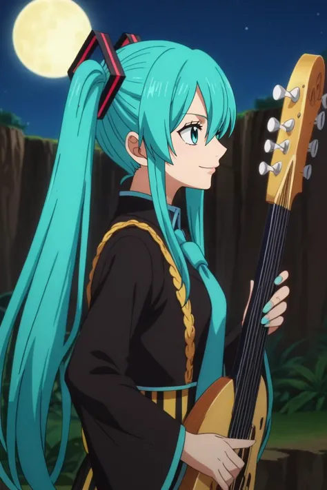 score_9, score_8_up, score_7_up, source_anime, rating_safe, , anime screencap, anime coloring, , , , 1girl, hatsune miku, aqua eyes, aqua hair, twintails, hair between eyes, long hair, solo, profile, grand canyon, night, crescent moon, holding instrument, light smile, <lora:one_piece_wano_style_pony:0.98>, one_piece_wano_style, anime screencap, anime coloring, <lora:sdxl_lightning_8step_lora:1>