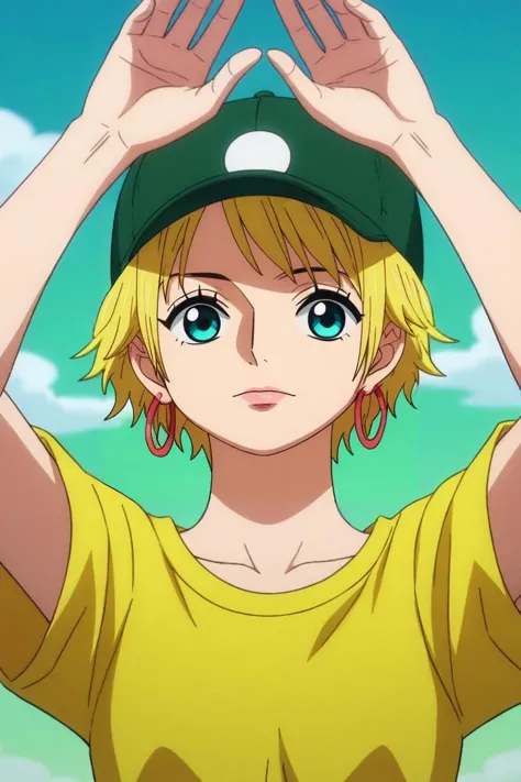 score_9, score_8_up, score_7_up, source_anime, rating_safe, intricate details, (realistic:0.6), , , 1girl, aqua eyes, baseball cap, blonde hair, closed mouth, earrings, green background, hat, hoop earrings, jewelry, looking at viewer, shirt, short hair, simple background, solo, upper body, yellow shirt, solo, from above, full body, heaven, clouds, night, full moon, arms above head, happy, <lora:one_piece_wano_style_pony:1>, one_piece_wano_style, anime screencap, , <lora:sdxl_lightning_8step_lora:1>